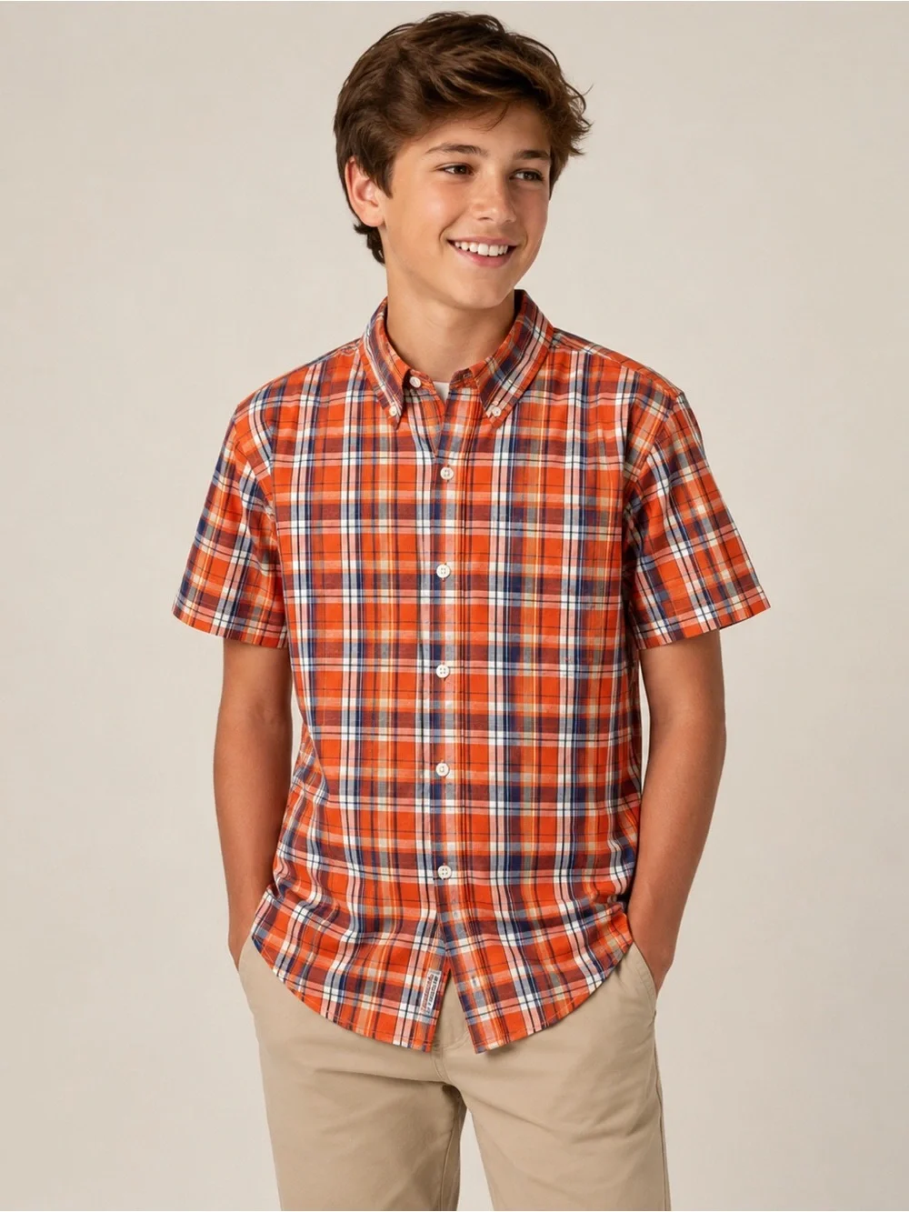 Abercrombie & Fitch Boys Orange Plaid Short Sleeve Button Down Shirt Size L 3/30